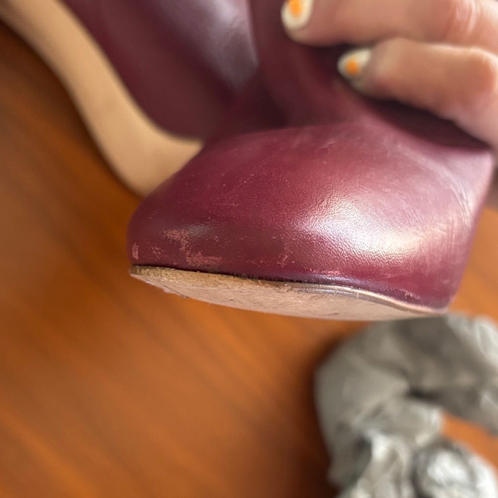 Zara Burgundy Leather Knee-High Heeled Boots - Picture 7 of 11